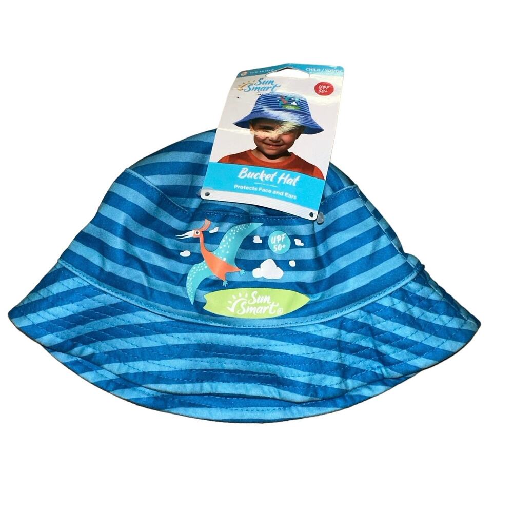 Sun Smart Kids Bucket Hat UPF 50+ Blue Stripe Dinosaur Sun Hat NWT Youth/Child